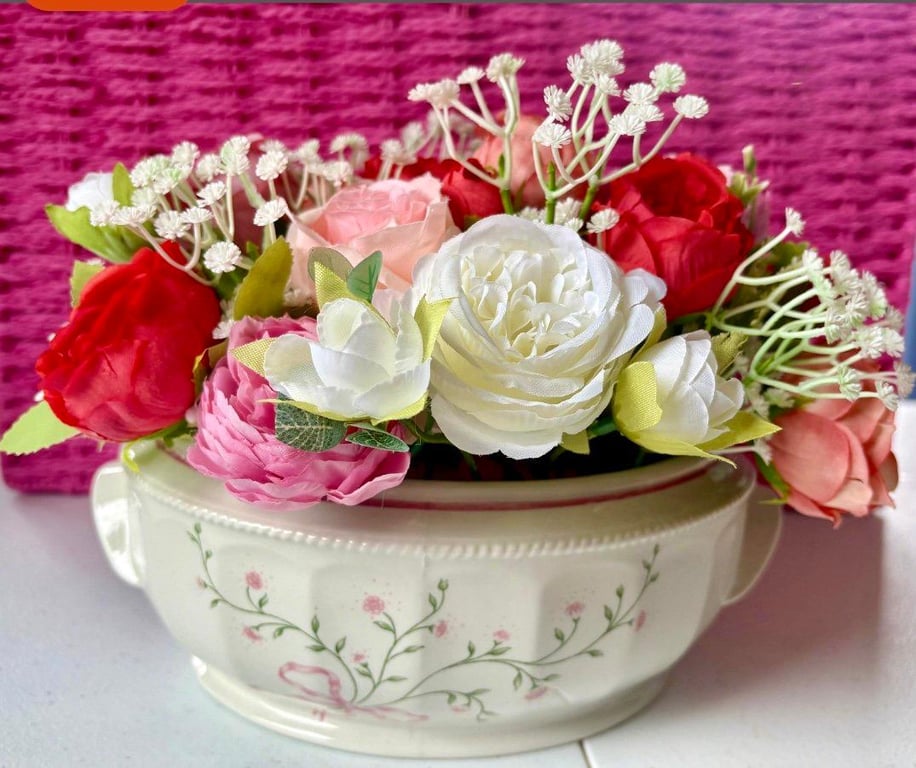 Churchill Mille Fleur Floral Bowl Arrangement  Faux Flower Centrepiece  Vintage