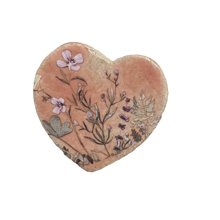 Pink heart garden flowers ceramic brooch badge, perfect gift, Free UK p&p