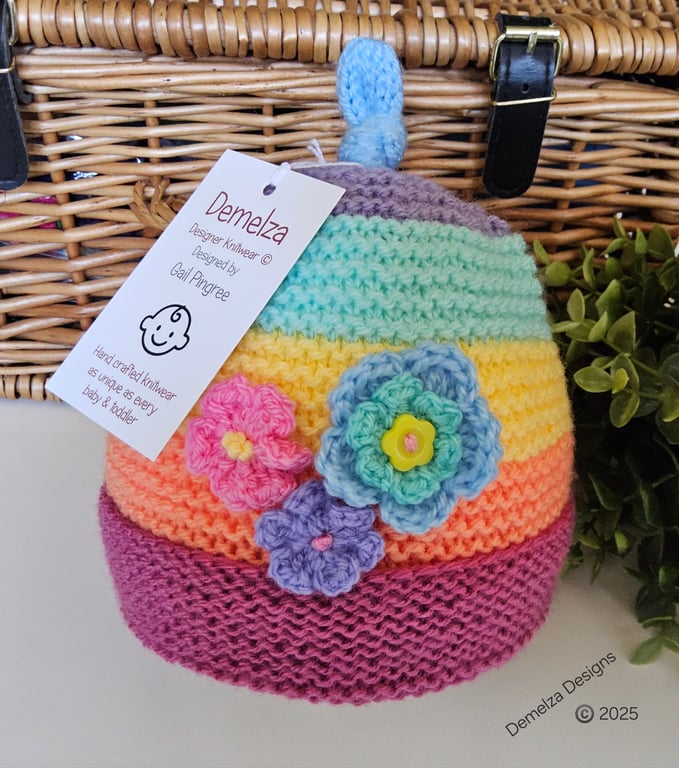 Girl's Hand Knitted Designer Rainbow Flower Beanie Hat 9-18 months size 