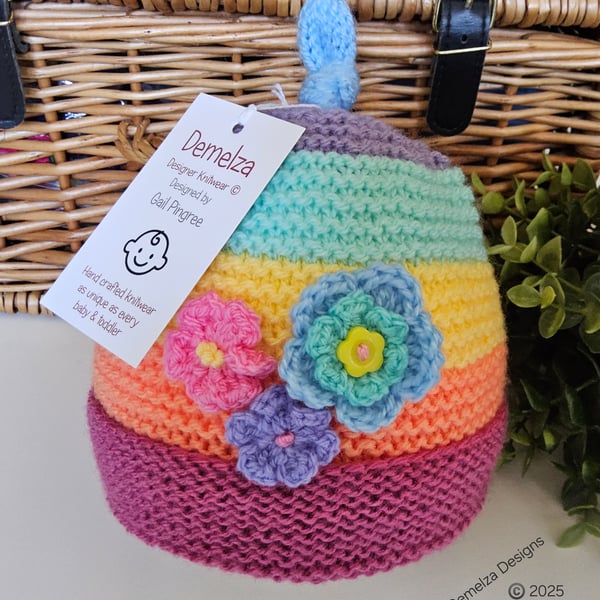 Girl's Hand Knitted Designer Rainbow Flower Beanie Hat 9-18 months size 