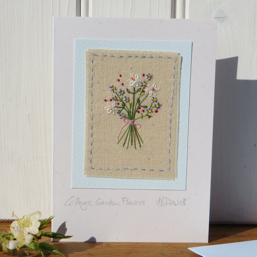 Cottage Garden Flowers hand-stitched miniature on card, delicate & detailed