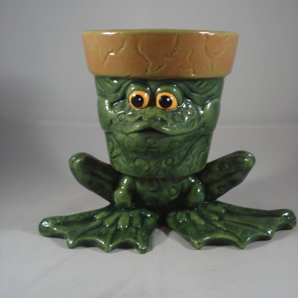 Ceramic Hand Painted Small Green Frog Animal Plant Flower Herb Pot Container.