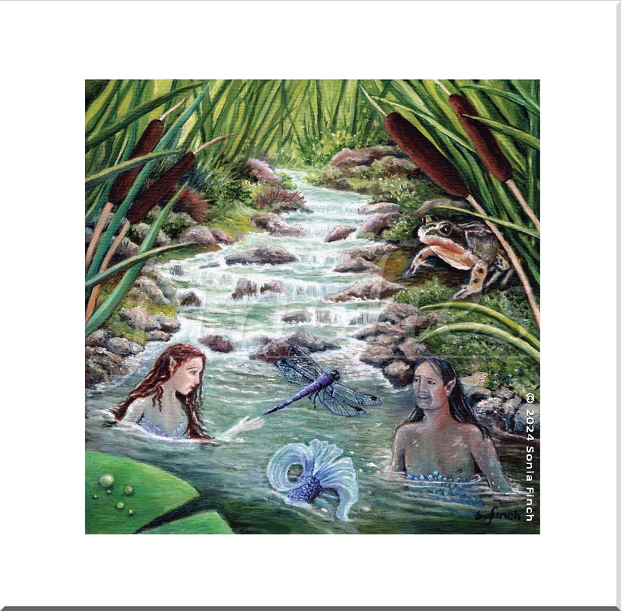 Summer Undine Mermaids in a Woodland Stream - Greeting Card