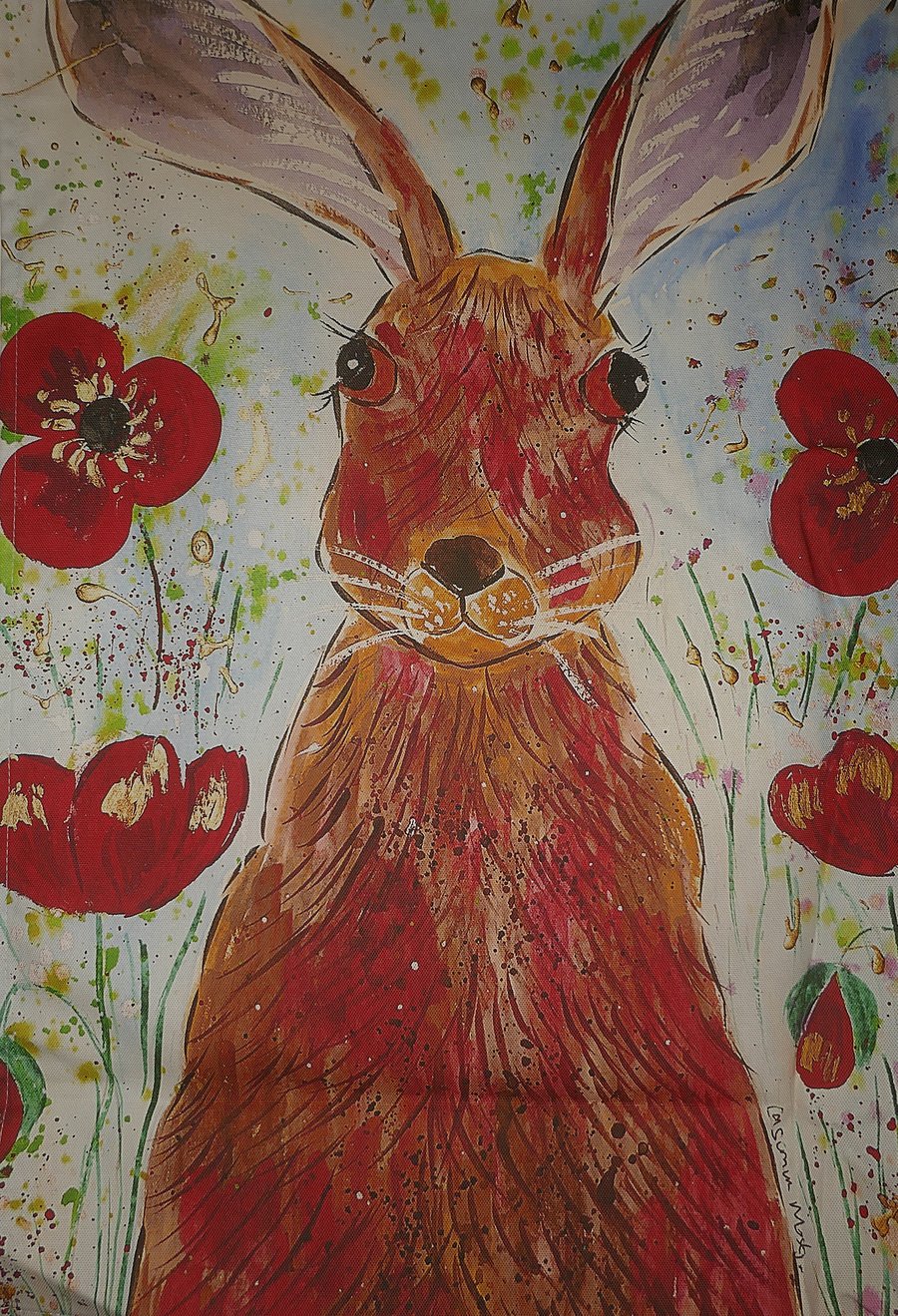 Colourful Hare and Poppies Tea towel 
