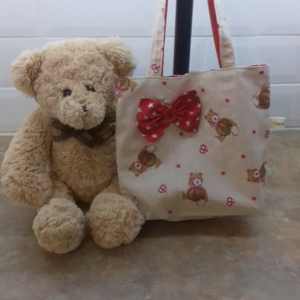 Little girls tote bag with teddy bear bow stars and hearts 