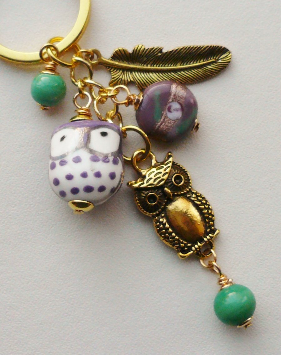 Keyring Purple Green and Gold  'Little Owl'  Themed   KCJ1662