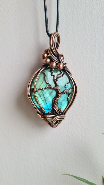 Blue Labradorite & Copper Tree of Life Pendant Necklace Gift Crystal Jewellery