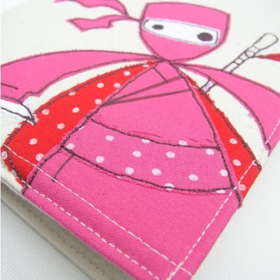 embroidered pink ninja fabric notebook cover (A6 size)