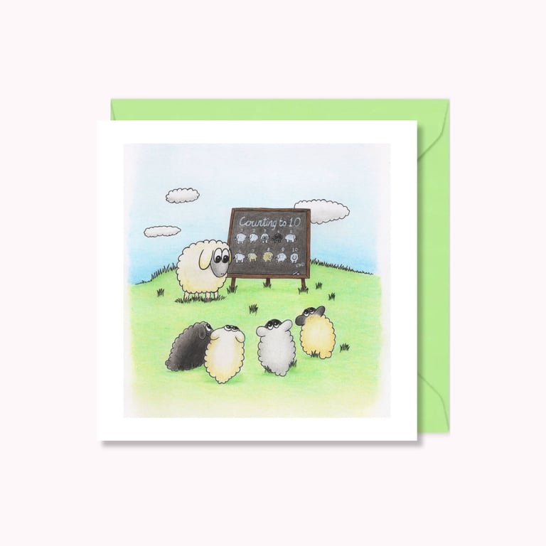 Counting Sheep Greetings Card: Cute Lambs Maths Lesson Illustration (216)