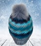 Crochet hat, beanie. Blue and grey ombre ladies swirl pom pom hat. Ladies hat. - Image 3