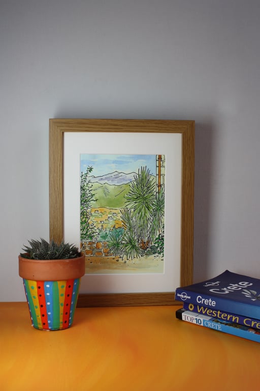 VIEW TO THE WHITE MOUNTAINS, CRETE-a pen and watercolour sketch