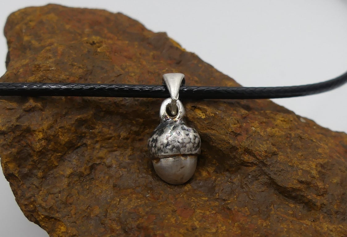 Recycled Sterling Silver Acorn Pendant with Black Waxed Cotton Cord Necklace.