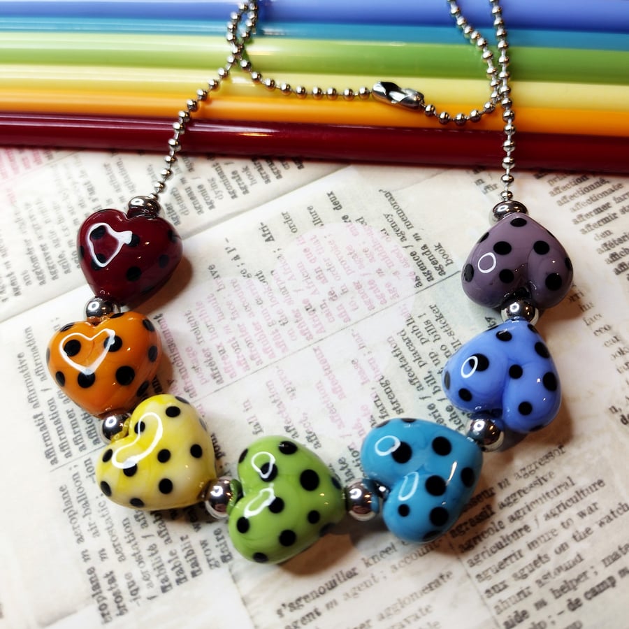 Rainbow heart black polka dot statement necklace handmade glass beads lampwork