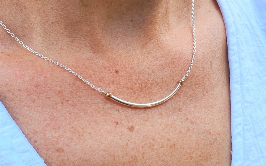 Dainty Sterling Silver Necklace, Minimalist Necklace, Silver and Gold Beads