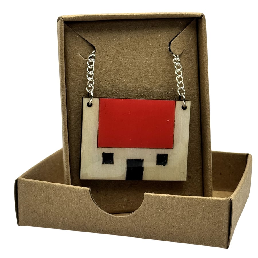Bothy Red Roof Pendant Wooden Necklace - silver chain