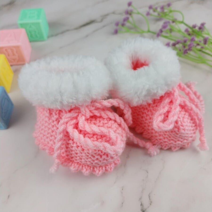 Hand Knitted Pink Baby Booties with Fluffy White Cuffs, 0-3 Months 