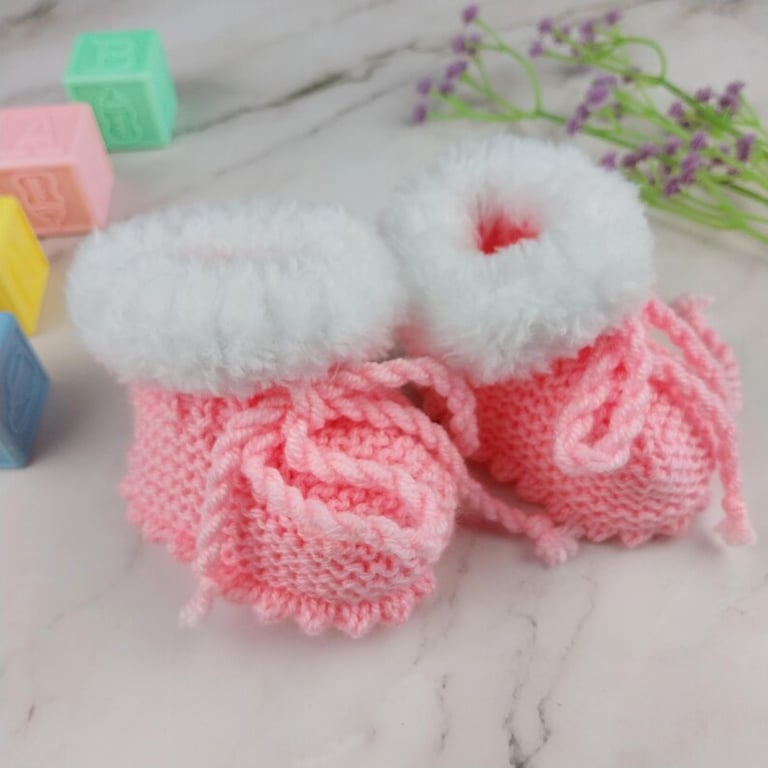 Hand Knitted Pink Baby Booties with Fluffy White Cuffs, 0-3 Months 