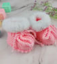 Hand Knitted Pink Baby Booties with Fluffy White Cuffs, 0-3 Months  - Image 1