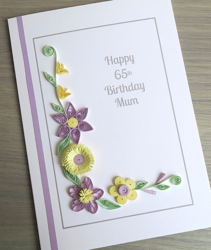 Personalised quilled 65th birthday card, handmade, any age, any name