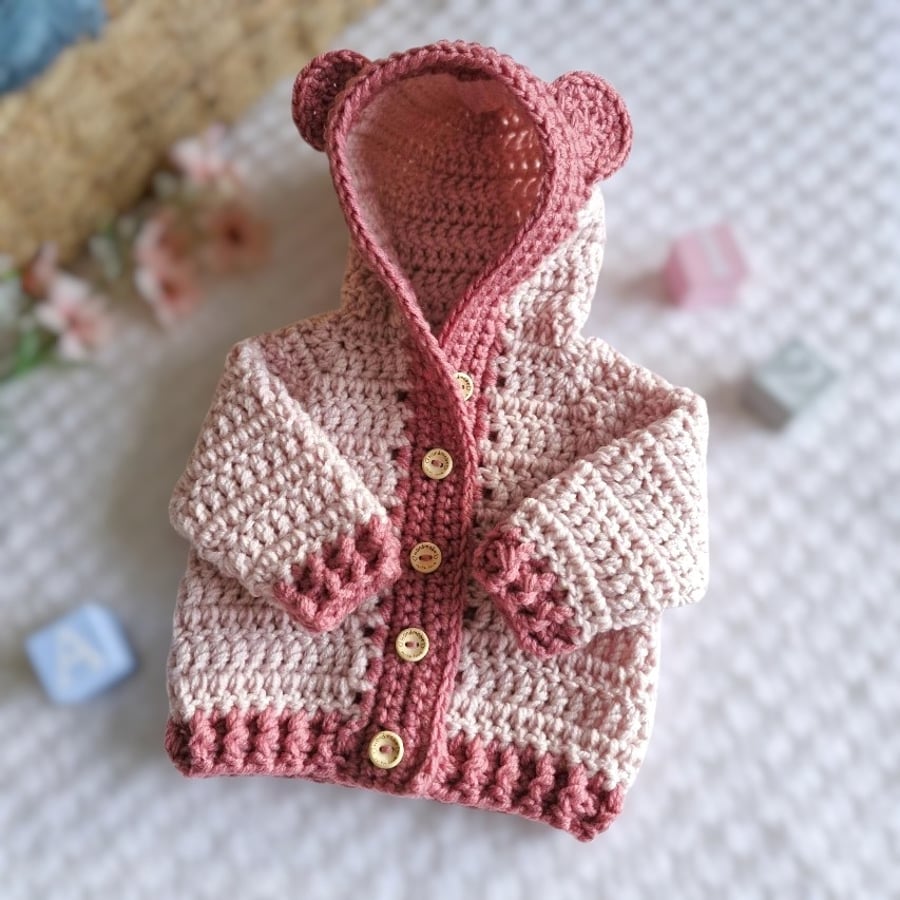 Newborn Crochet Teddy Bear Cardigan with Hood – Baby Shower Gift