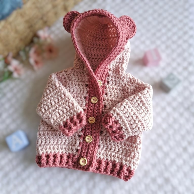 Newborn Crochet Teddy Bear Cardigan with Hood – Baby Shower Gift