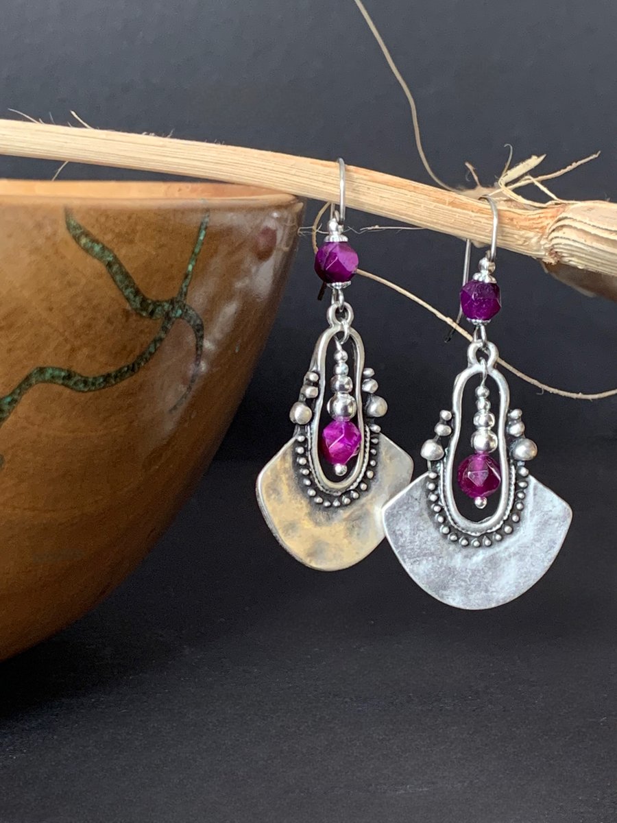 Bohemian Silver Dangle Earrings with Purple Violet Tigers Eye Gemstone
