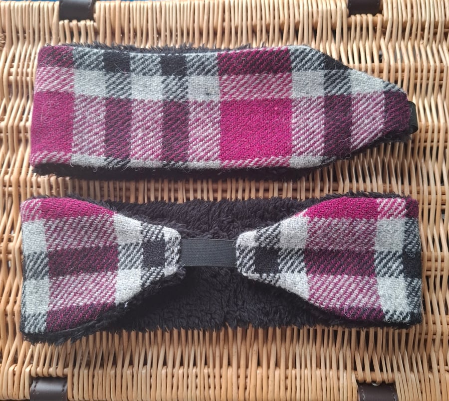 Cosy Earwarmers - Grey and Pink Check Harris Tweed 