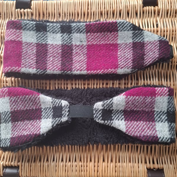 Cosy Earwarmers - Grey and Pink Check Harris Tweed 