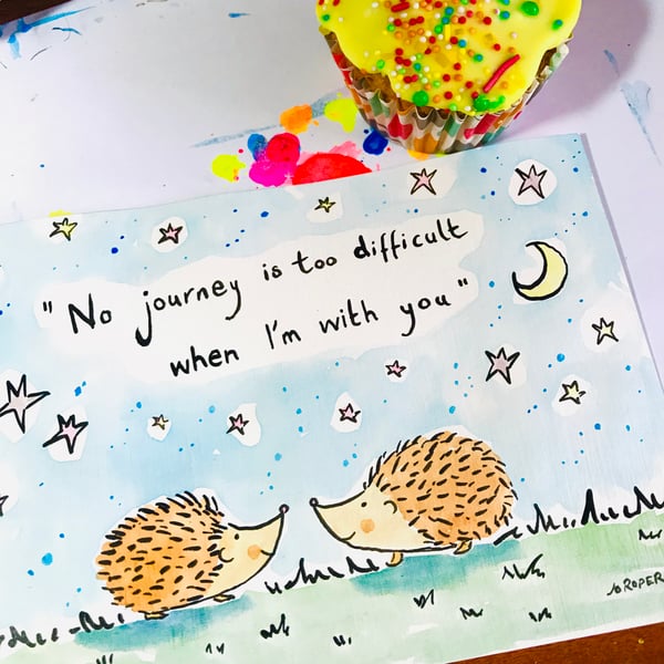 Hedgehogs on a journey together Original painting Jo Roper