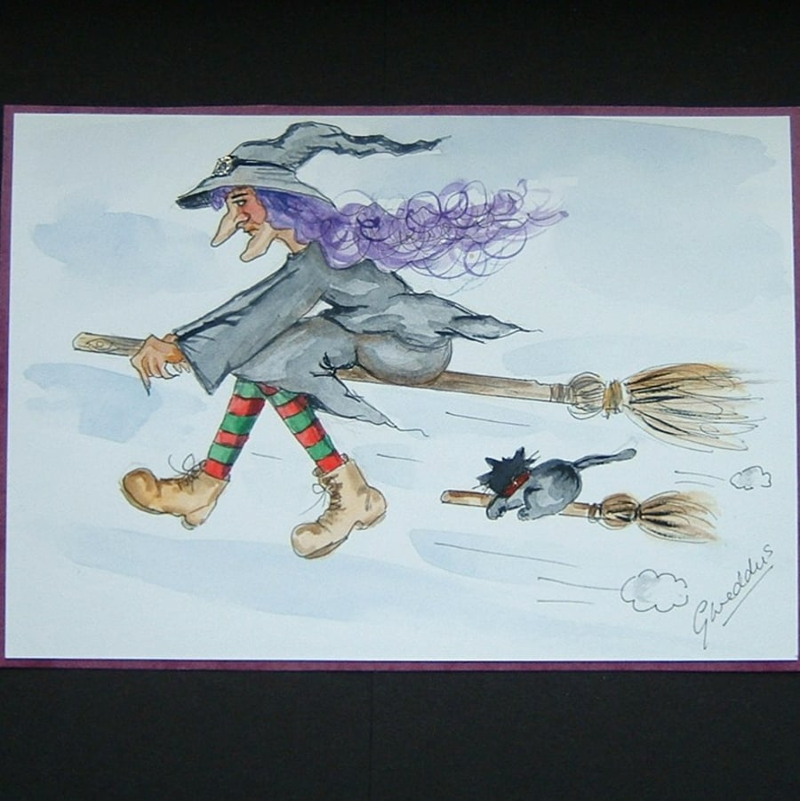 cartoon witch and cat original watercolour art painting ref 138