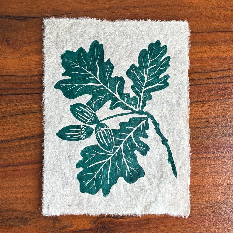 PERFECTLY IMPERFECT Oak leaf and acorn original linocut print in forest green