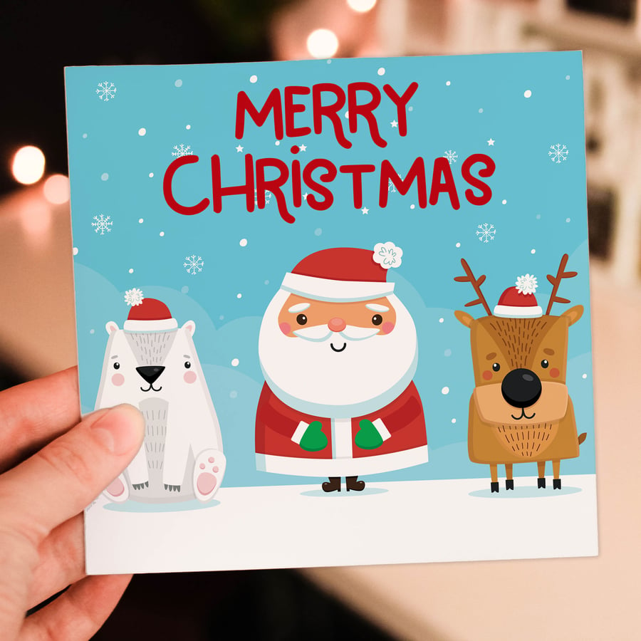 Christmas card: Polar bear, Santa, reindeer