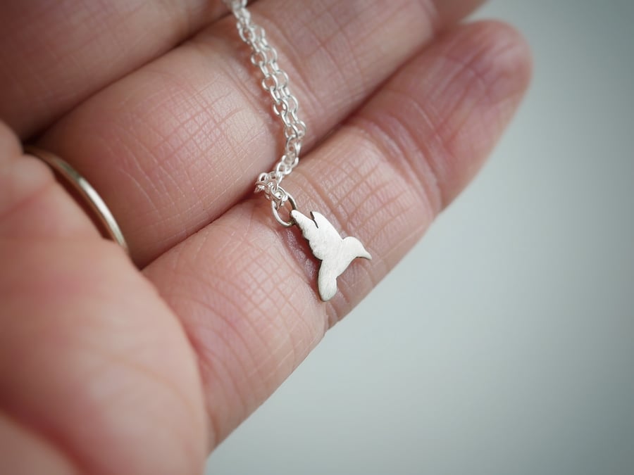 Tiny eco silver hummingbird necklace