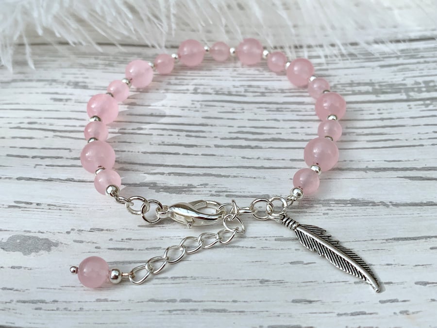 Rose Quartz Feather Gemstone Healing Clasp Bracelet