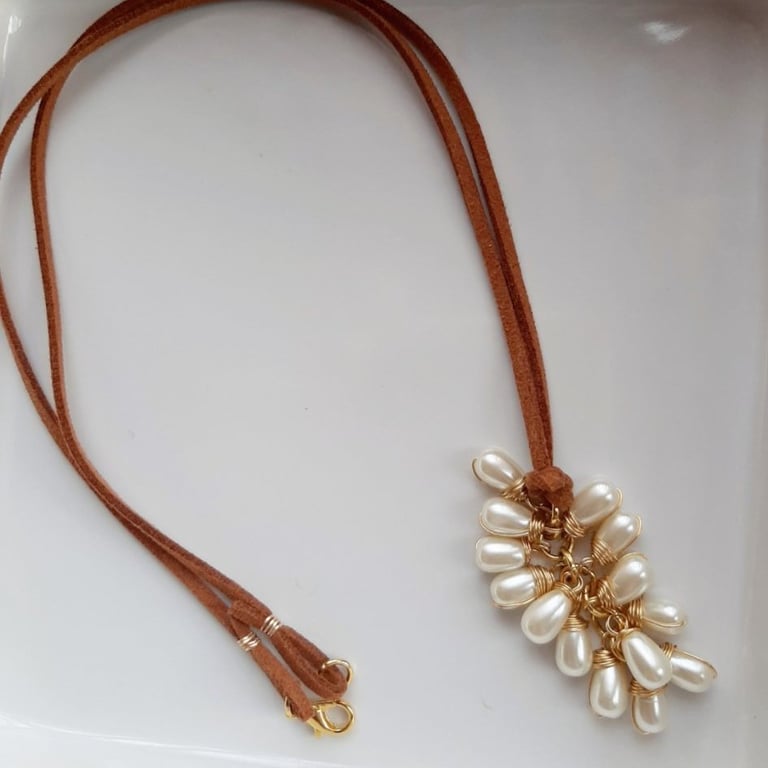 Teardrop Bead Cluster Necklace with Wire Wrapped Details –Handmade Cord Necklace