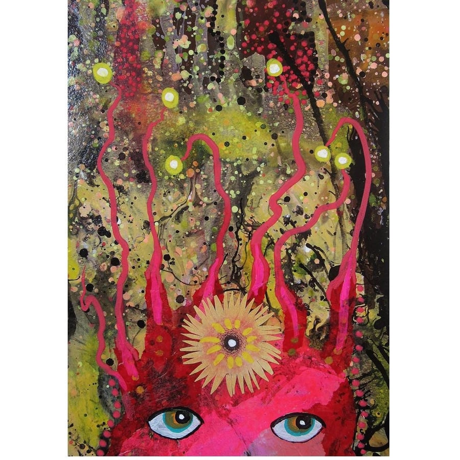 Expressionist Face Painting Abstract Portrait Ready Mounted Weird Eyes Small Art