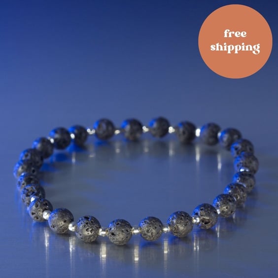 Bracelet lava Bead and sterling silver stretch handmade