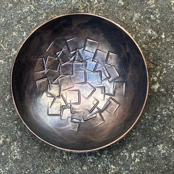 Oxidised copper bowl with stamped square pattern, 7th wedding anniversary gift