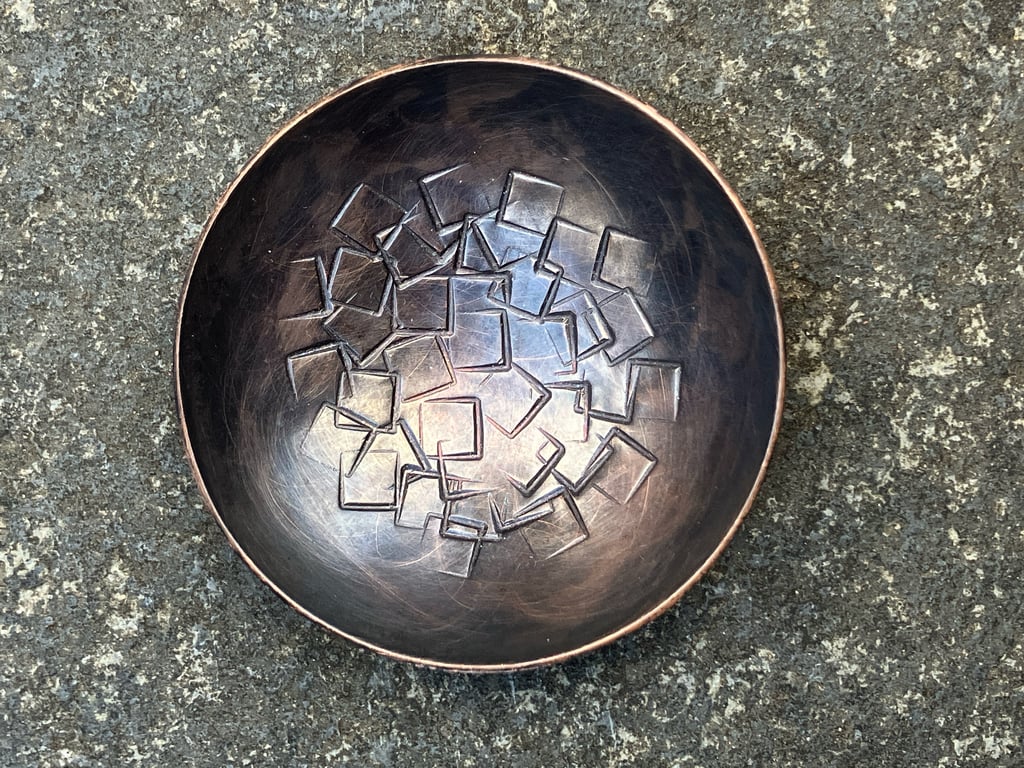 Oxidised copper bowl with stamped square pattern, 7th wedding anniversary gift