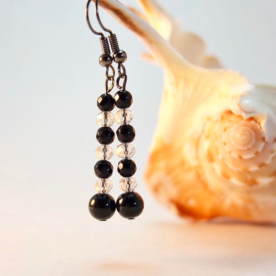 Black Sardonyx, Black Faceted Onyx And Faceted Crystal Bead Earrings.