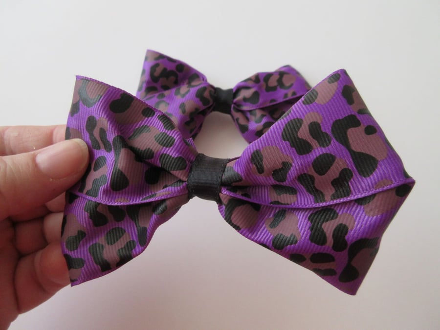 Hair Bow x 2 Purple Black Leopard Animal Print Hair Clips