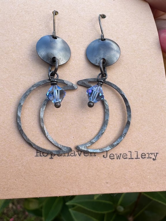 Antique Style Moon and Blue Czech Crystal Earrings 