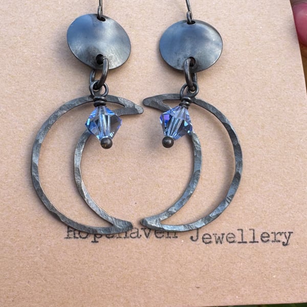 Antique Style Moon and Blue Czech Crystal Earrings 