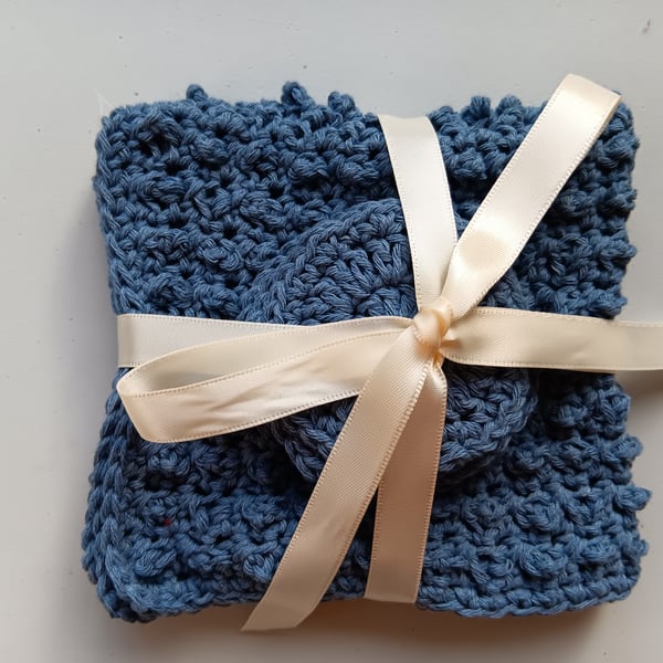 Crochet Flannel and Face Scrubbies (Blue) - reusable eco-cotton