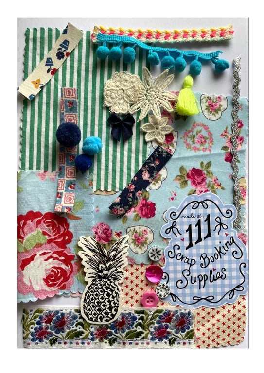 Scrapbooking kit, supplies bundle, fabric, trims, journalling accessories blues
