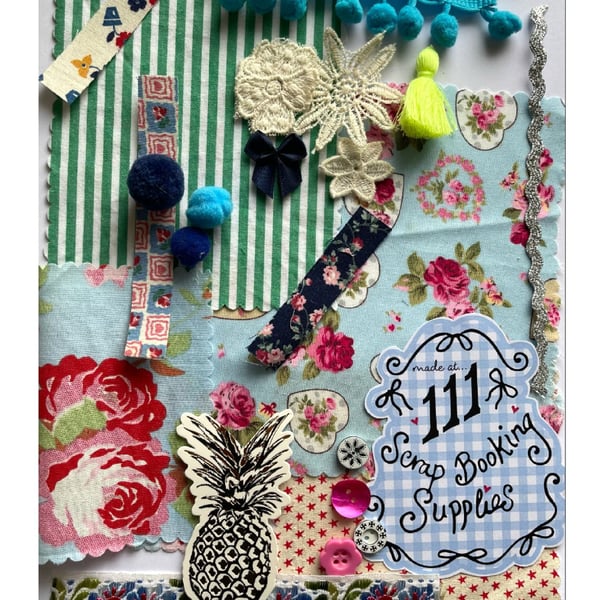 Scrapbooking kit, supplies bundle, fabric, trims, journalling accessories blues