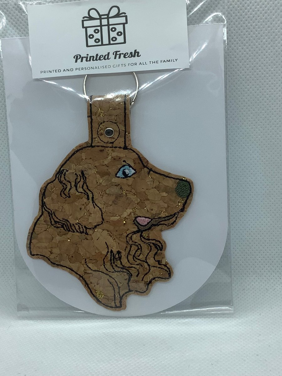Embroidered tan Faux cork retriever key ring