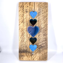 Fused Glass Heart Panel in Blues on Reclaimed Wood