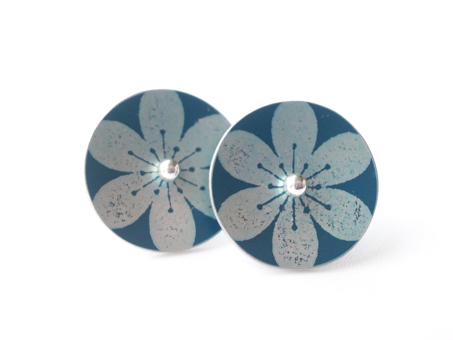 Flower studs in teal and silver