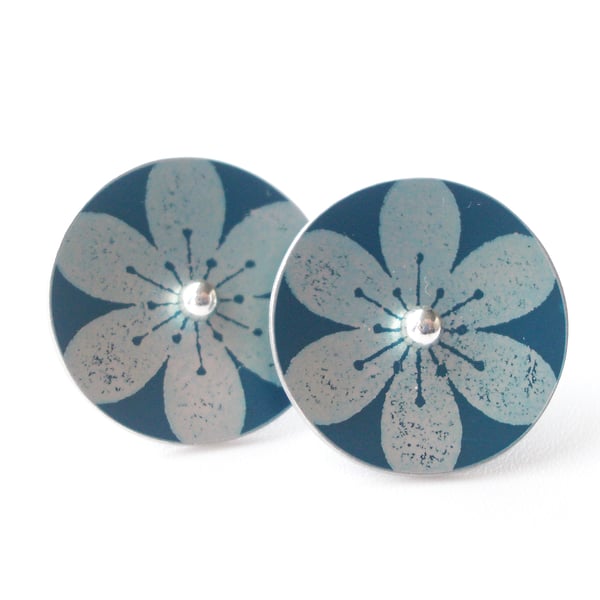 Flower studs in teal and silver